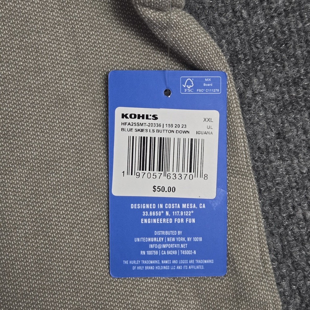 Hurley Men's XXL Shirt Iguana Khaki Button Down Long Sleeve Cotton Textured NWT - Picture 14 of 16